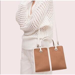 Kate Spade Sam Canvas Satchel Blazer Brown White Leather Trim Shoulder Bag Purse